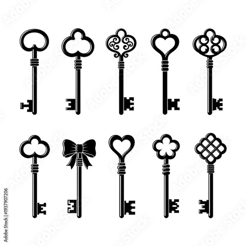 Collection of ten ornate antique keys with decorative bow and heart shapes on a white background. eps