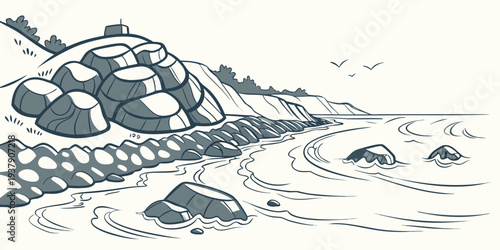 A serene landscape of mountains, water, and a small boat with a person rowing. Vector