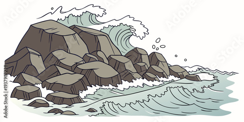 A dramatic scene of a large wave crashing against jagged rocks on a stormy day Vector