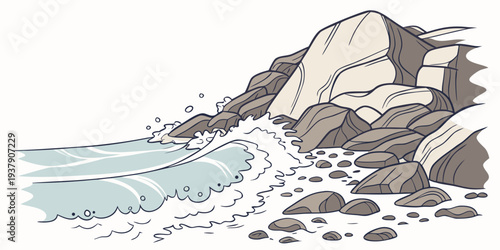 A dramatic coastal scene with towering cliffs and crashing waves against a rocky shoreline Vector