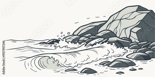 A dramatic coastal scene with waves crashing against jagged rocks and cliffs Vector