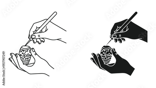 Hands painting Easter egg with intricate patterns using a stylus, line art and silhouette icons.