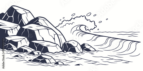 A serene landscape with a small boat sailing on calm waters near a rocky shore Vector