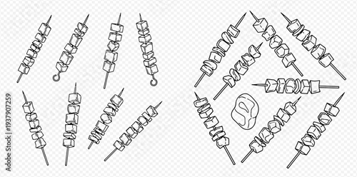 Outline vector illustration of grilled meat skewers and raw meat pieces, perfect for barbecue and cooking designs.