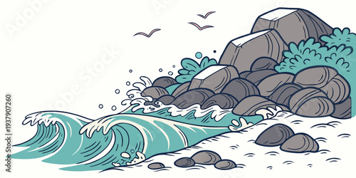 A majestic mountain peak with a waterfall cascading down into a deep blue ocean Vector