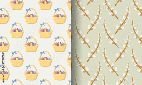 Split seamless design Easter baskets with colorful eggs and blue bows on cream background, and pussy willow branches with white buds on light green background, festive spring illustration for seasonal