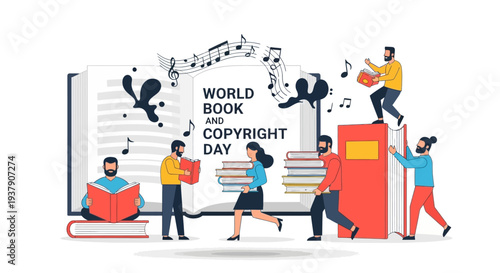 People celebrating World Book and Copyright Day with books and music notes around them in a vibrant illustration