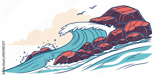 A powerful wave crashes against a rocky shore with a dramatic and turbulent sea. Vector