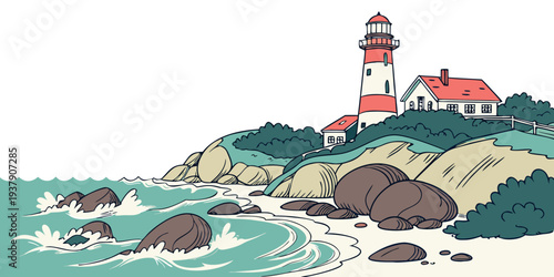 A picturesque lighthouse standing tall on rocky shores with waves crashing around it. Vector