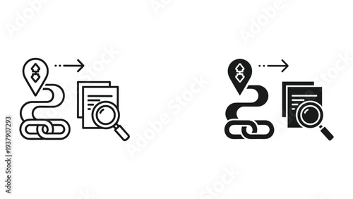 Process Flow with Search and Link Icons: Research, Analysis, Workflow, Strategy