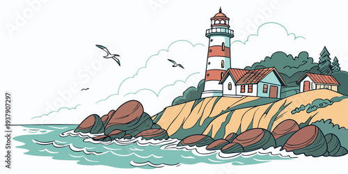 A lighthouse standing tall on a rocky cliff with waves crashing against it. Vector