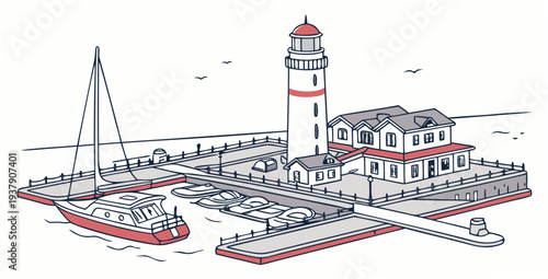 A lighthouse stands tall on a rocky shore with boats in the water. Vector