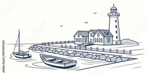 A picturesque coastal scene with a lighthouse and sailboats in the distance. Vector