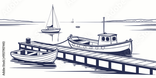 A serene scene of a sailboat and a ferry navigating through calm waters. Vector