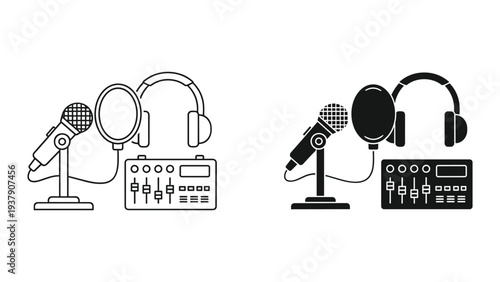 Recording Studio Equipment Icon Set: Microphone, Headphones, Audio Mixer, Pop Filter