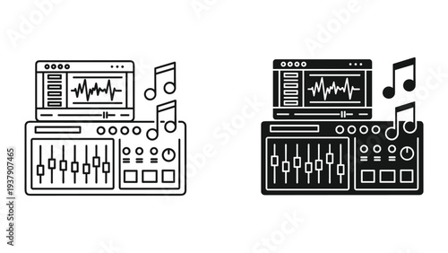 Digital Audio Workstation and Sound Mixer with Music Notes Icons - Line and Silhouette Style