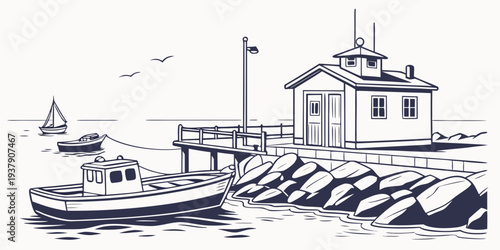 A serene harbor scene with boats docked and a lighthouse in the background. Vector