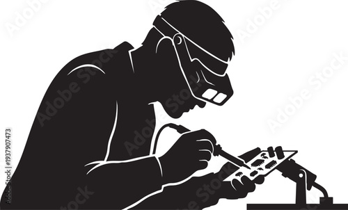 Technician Using Magnification Glasses and Soldering Iron on a Circuit Board, Electronics Repair Silhouette