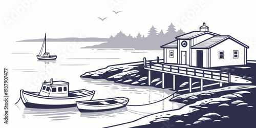 A picturesque coastal village with boats gently floating on the calm sea. Vector