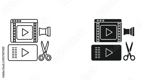 Video editing icons: film strip, play button, scissors, and camera lens - conceptual graphic