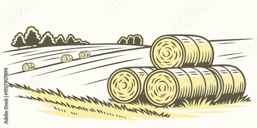 Sheep grazing in a lush green field with a farmhouse in the distance Vector