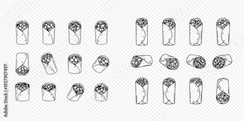 Set of hand-drawn burritos and shawarmas in various positions, perfect for menu design or food-related graphics.