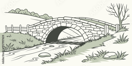 A picturesque stone bridge spanning a serene river in a lush, green landscape Vector
