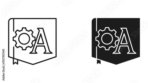 Book Icon with Gear and Letter A Symbolizing Learning, Development, and Education