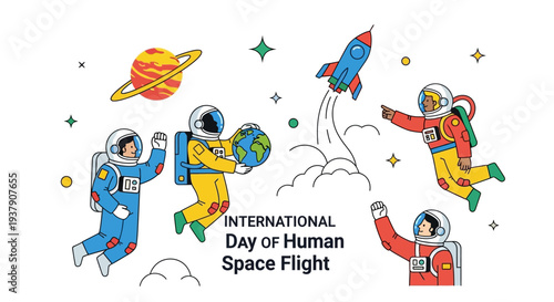 Astronauts celebrate International Day of Human Space Flight in vibrant space scene illustration