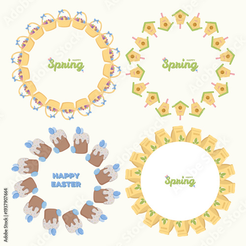 Four circular wreath designs Easter baskets with eggs and bows, birdhouses with green roofs and pink perches, frosted cakes topped with eggs, and seed packets labeled SEEDS, each with festive Happy