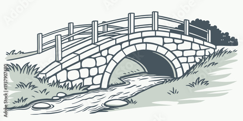 The historic bridge spanning over the serene river with lush greenery on both sides Vector