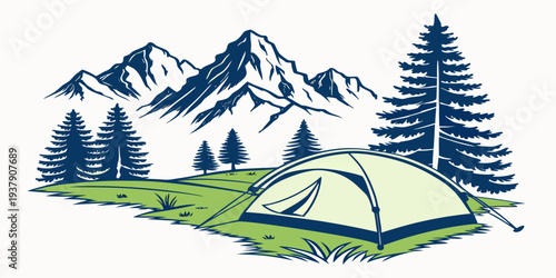 A serene landscape of mountains, trees, and a lush green field under a clear blue sky. Vector