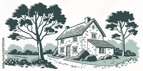 A serene countryside farmhouse with a rustic barn and lush greenery Vector