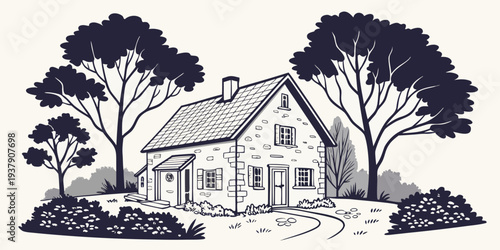 A charming old house nestled in a serene woodland setting with lush trees and foliage. Vector