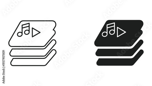 Music Playlist Icon: Stack of Cards with Play Button and Musical Notes