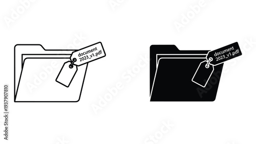 Folder with PDF Document Tag Icon: Line Art and Silhouette | Organization and Archiving Concept