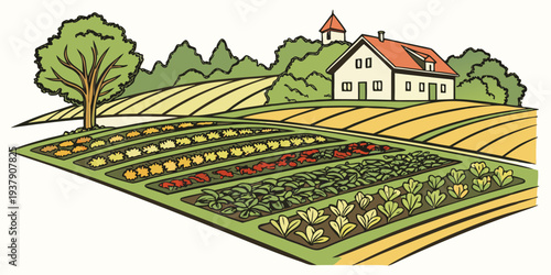 A serene countryside landscape featuring a farmhouse and lush fields Vector