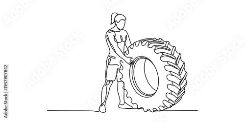 Woman lifting large tire, fitness and exercise concept, strong female athlete