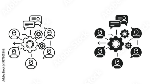 Teamwork and Collaboration Concept with Gears and People Icons, Business Workflow Diagram