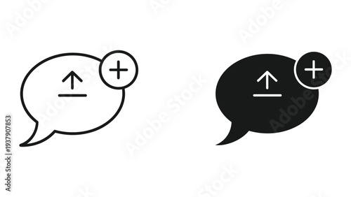 Speech Bubble with Upload Arrow Icon and Plus Symbol - Vector Illustration