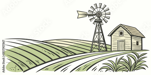 A picturesque landscape of a windmill surrounded by lush green fields. Vector