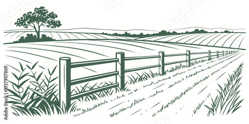 A serene countryside scene with a rustic wooden fence and lush greenery Vector