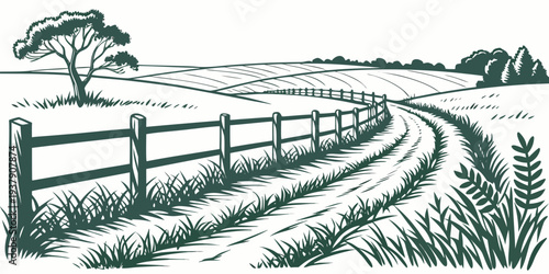 A serene countryside landscape with a winding path and a wooden fence. Vector