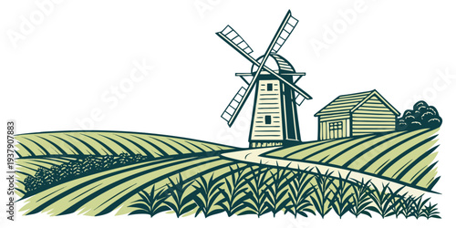 A picturesque windmill surrounded by a vast expanse of golden wheat fields under a clear blue sky Vector