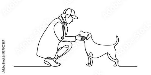 Man petting dog, continuous line drawing, affectionate moment, black and white