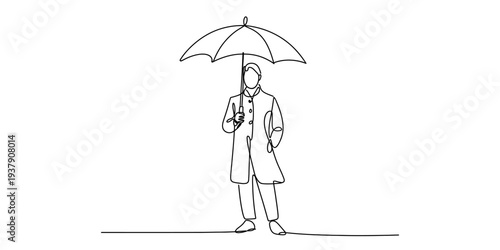 Man standing with umbrella, one line drawing, rainy day, business attire