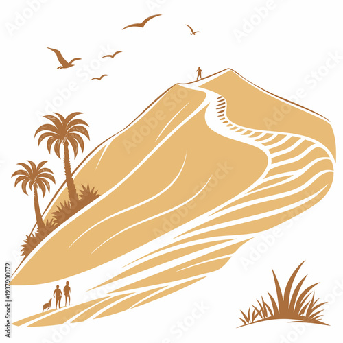 A serene beach scene with palm trees and birds flying over the dunes Vector