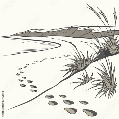 A serene beach scene with footprints leading towards the horizon Vector
