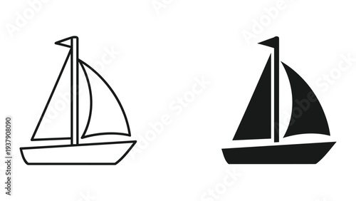 Simple sailboat icons, line art and solid fill, isolated on white background. Nautical vector illustration.