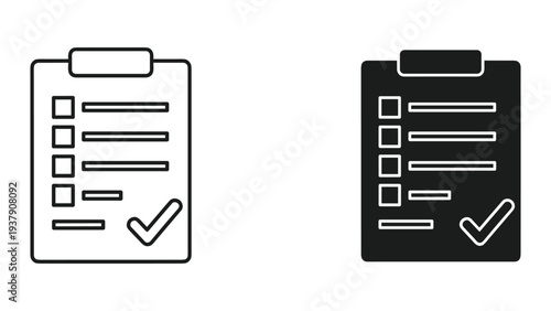 Checklist and clipboard with checkmark, icon set, isolated on white background, vector illustration